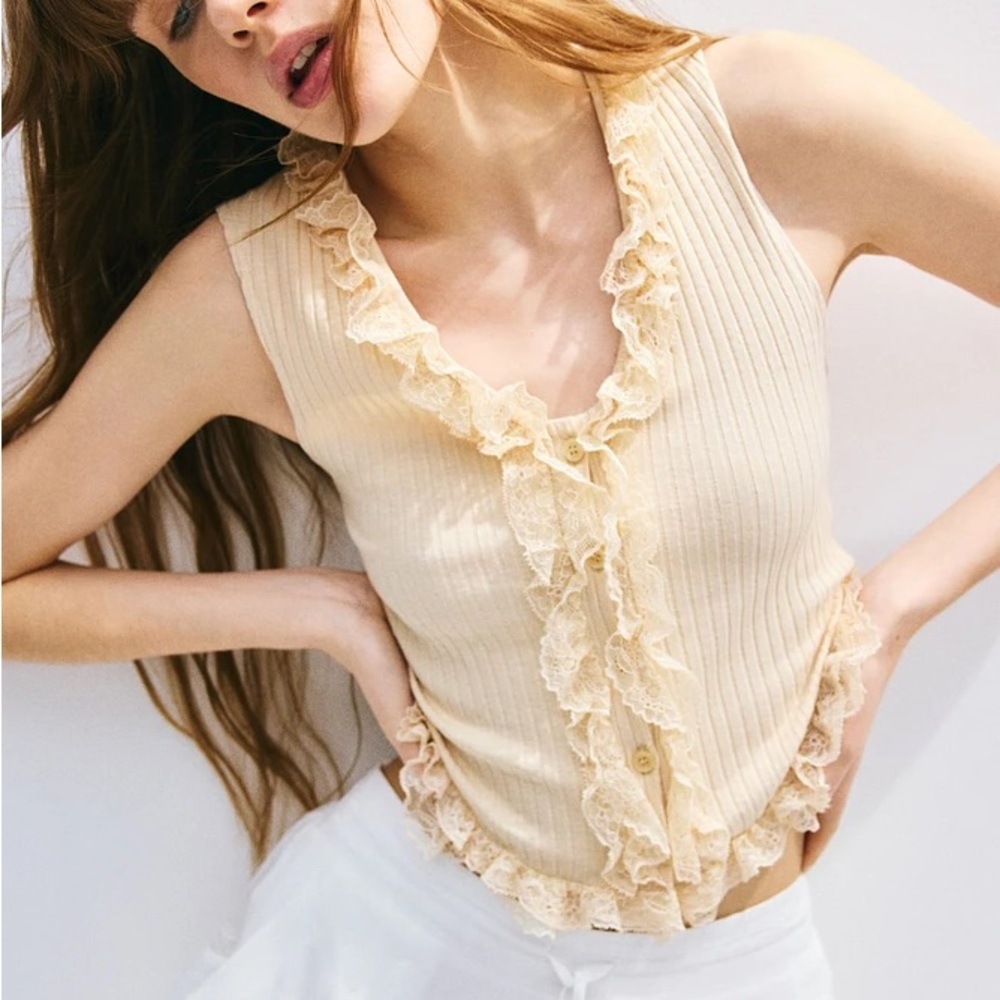 Lace Trim Ribbed Tan Top - Picture 2 of 3
